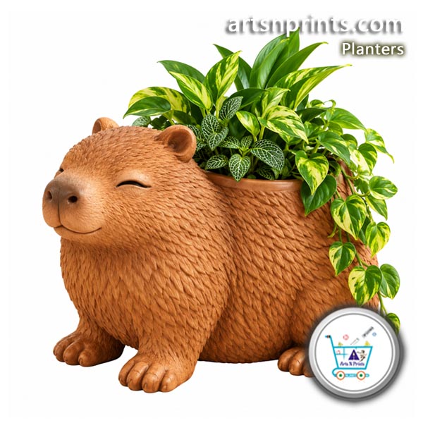 Capybara 3D Planter Stand online by artsNprints shipping across India No COD 3D render of an adorable brown chibi capybara styled as an indoor table planter pot filled with green leafy house plants.