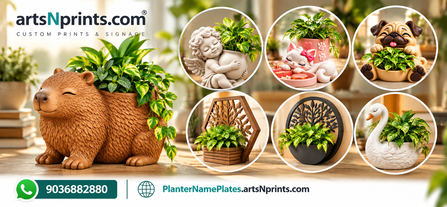 Cozy Character Planter Showcase ArtsNprints custom prints and signage banner showcasing a variety of character table planters and decorative wall planters with live green plants.