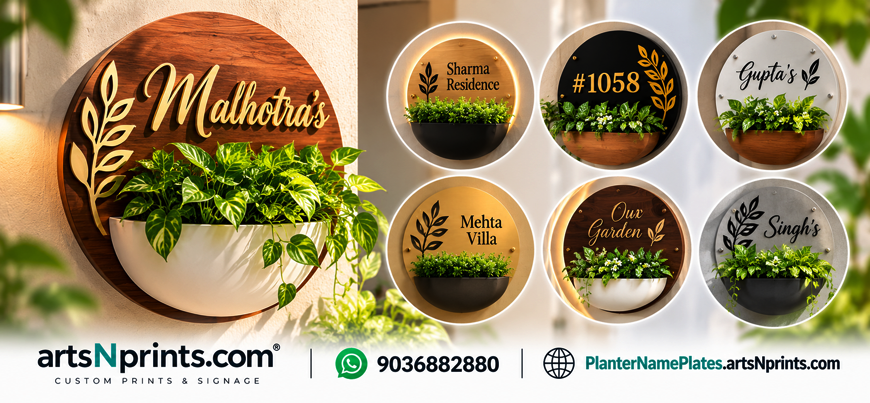 Custom Planter Name Plate Showcase artsNprints custom prints and signage banner showcasing a collection of round acrylic and wooden planter name plates with personalized text and house numbers.