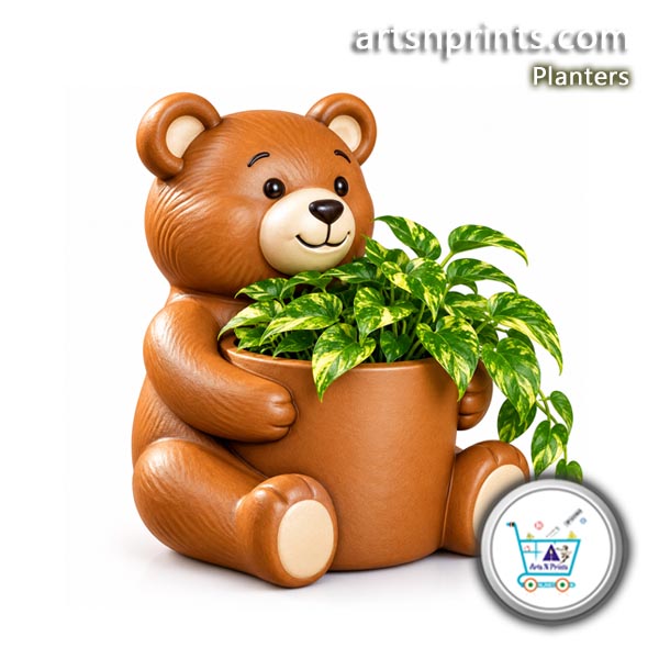 Cute Teady Table Planter Stand online by artsNprints a cute brown teddy bear sitting down and hugging a matching brown flower pot filled with green leafy plants vase.