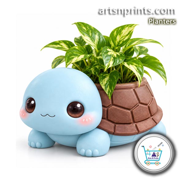 Kawaii Turtle Planter STL 3D Print Model Stand online by artsNprints 3D render of a cute light blue kawaii turtle planter holding a green leafy plant on its shell,