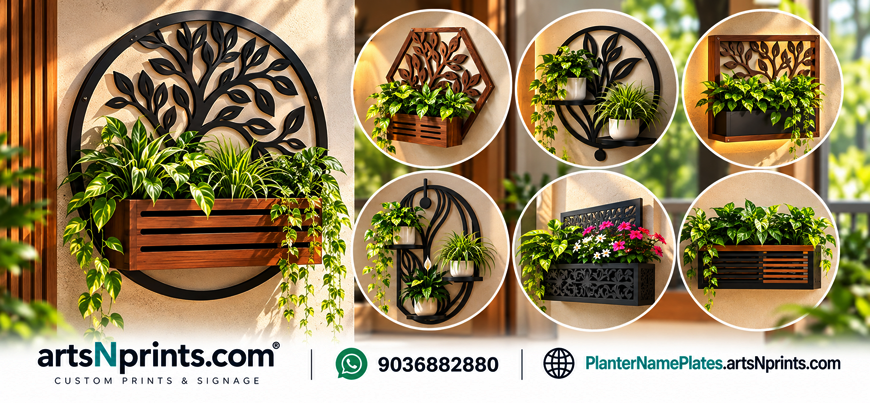 Modern Wall Planters Showcase artsNprints custom prints and signage banner showcasing a variety of modern geometric wall planters, back-lit garden plaques, and wooden tree-of-life flower boxes.
