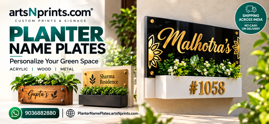 Personalized Planter Name Plates artsNprints custom prints and signage banner showcasing premium personalized planter name plates in acrylic and wood with custom family names and house numbers.