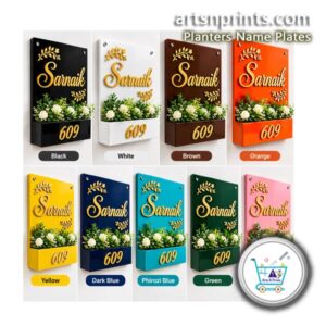 Infographic chart showcasing acrylic planter house nameplate variation color options including black, white, brown, orange, yellow, dark blue, phirozi blue, green, and pink.
